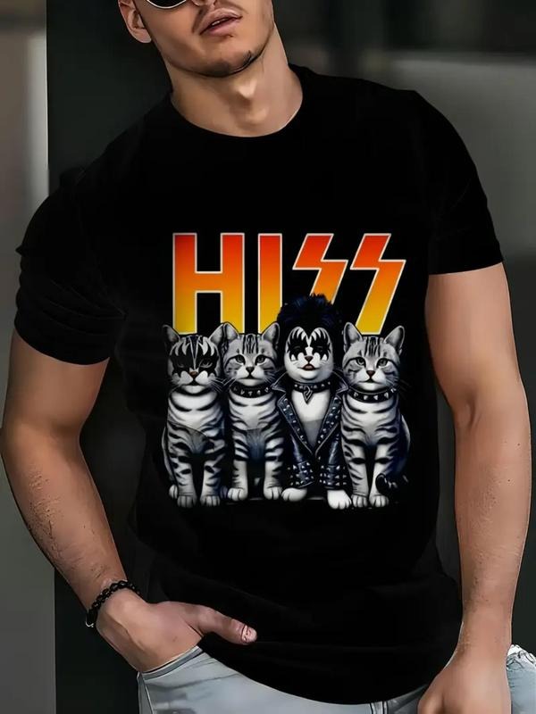 Men's Cat & Letter Print Round Neck Tee, Regular Fit Casual Short Sleeve Crew Neck T-Shirt for Daily Wear, Men's Top for...
