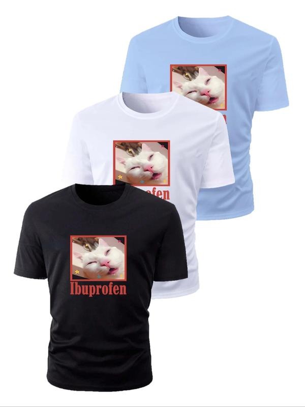 Men's Cat & Letter Print Tee, Regular Fit Casual Short Sleeve Round Neck T-shirt for Summer, Men's Top for Daily Wear...