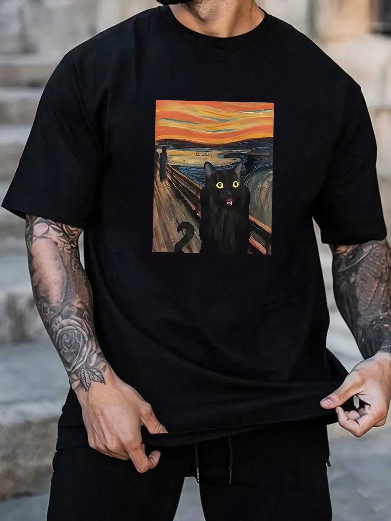 Men's Cat Graphic Print Round Neck Tee, Regular Fit Casual Short Sleeve T-shirt, Men's Summer Top for Daily Wear Hoodie,...