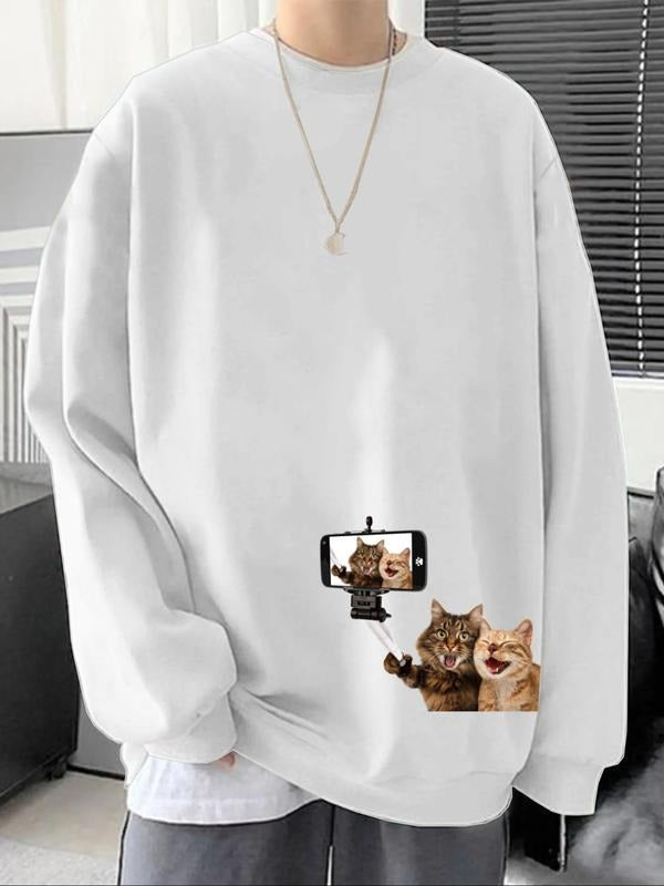 Men's Cat Print Drop Shoulder Sweatshirt, Casual Regular Fit  Long Sleeve Round Neck Pullover for Fall & Winter, Men's...