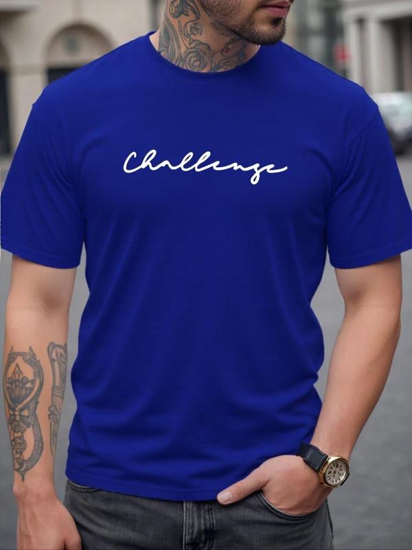 Men's Challenge Letter Print Round Neck Tee, Regular Fit Casual Comfy Short Sleeve Crew Neck T-shirt for Daily Wear,...