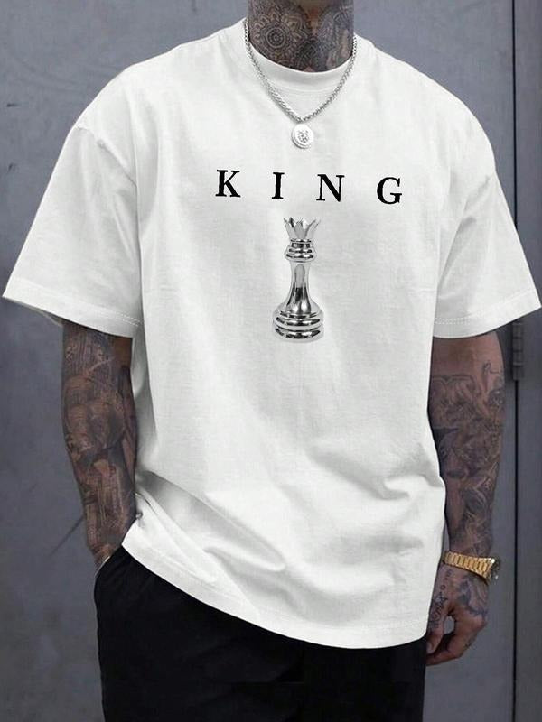 Men's Chess & Letter Print Round Neck Graphic Tee, Regular Fit Casual Short Sleeve T-shirt for Summer, Men's Top for...