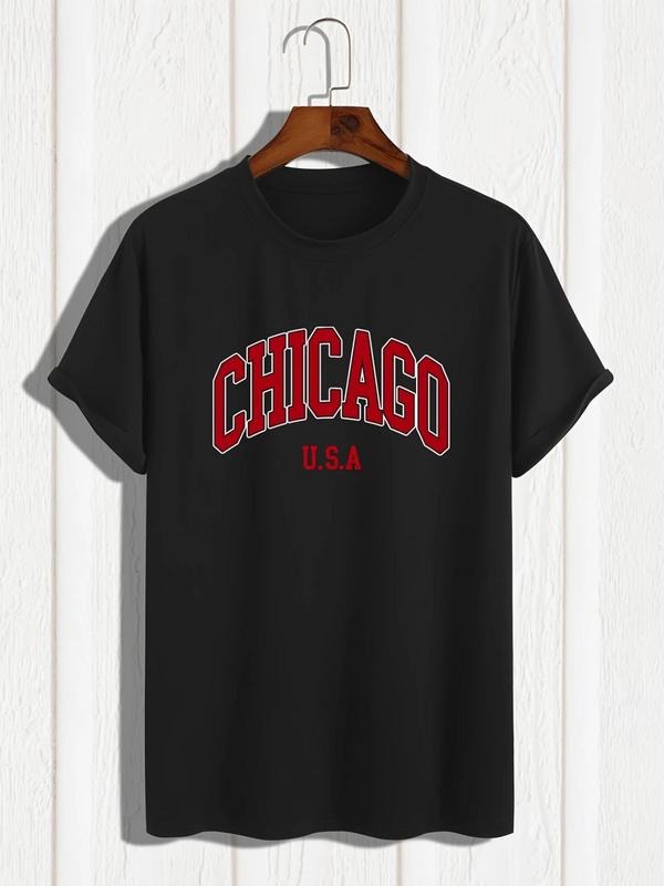 Men's Chicago Letter Print Round Neck Tee, Regular Fit Casual Short Sleeve Crew Neck T-Shirt for Daily Wear, Men's Top...