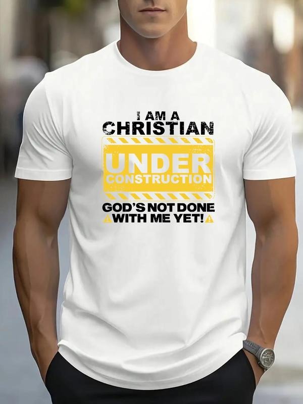Men's Christian Under Construction Letter Print Short Sleeve Graphic Tee, Regular Fit Casual Round Neck T-shirt for Daily...