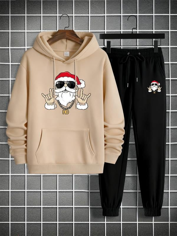 Men's Christmas Hoodie Set, Santa Claus with Sunglasses & Peace Signs Print, Long Sleeve Fitted Sweatshirt, Casual...