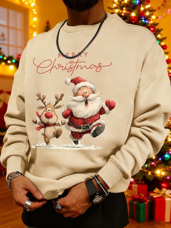 Men's Christmas Print Sweatshirt, Casual Round Neck Long Sleeve Top, Daily Wear, Weekend Outing, Friend Gathering, Travel...