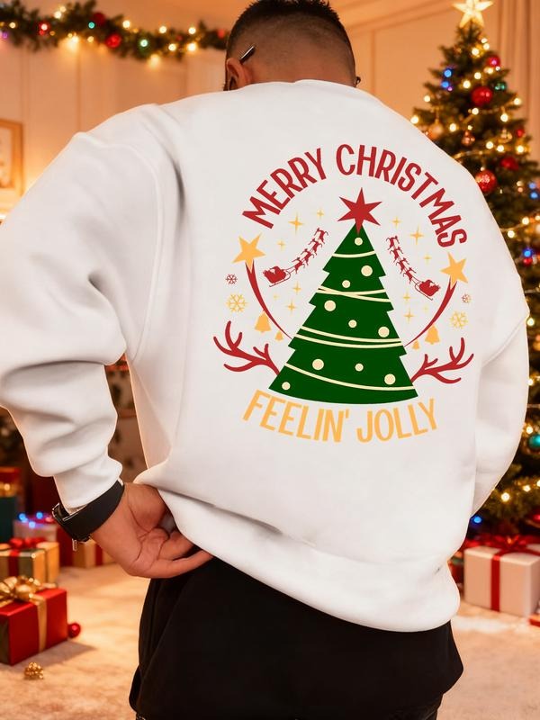 Men's Christmas Print Sweatshirt, Casual Round Neck Long Sleeve Top, Daily Wear, Weekend Outing, Friend Gathering, Travel...