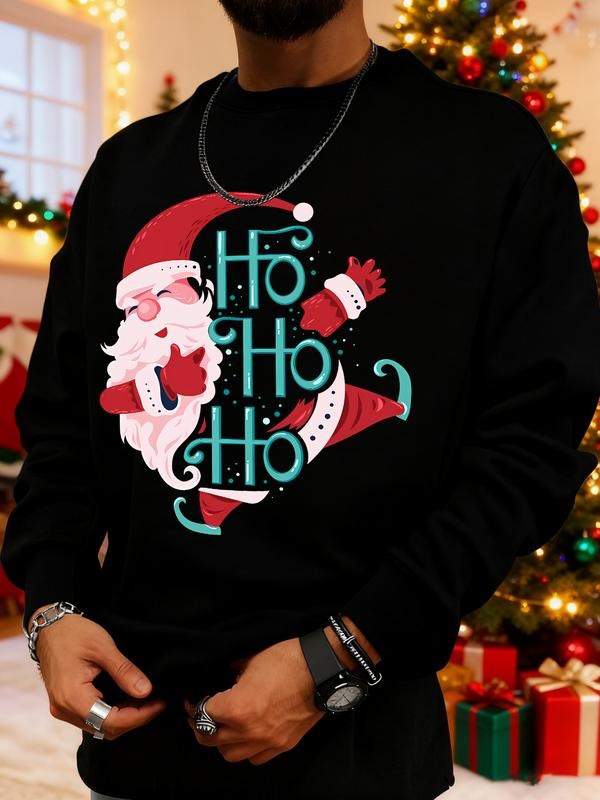 Men's Christmas Print Sweatshirt, Casual Round Neck Long Sleeve Top, Daily Wear, Weekend Outing, Friend Gathering, Travel...