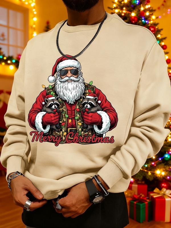Men's Christmas Print Sweatshirt, Casual Round Neck Long Sleeve Top, Daily Wear, Weekend Outing, Friend Gathering, Travel...