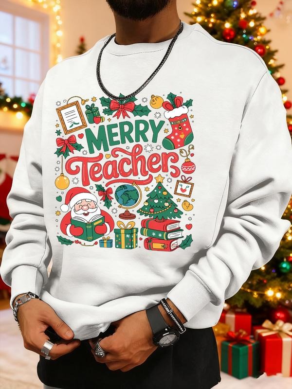 Men's Christmas Print Sweatshirt, Casual Round Neck Long Sleeve Top, Daily Wear, Weekend Outing, Friend Gathering, Travel...