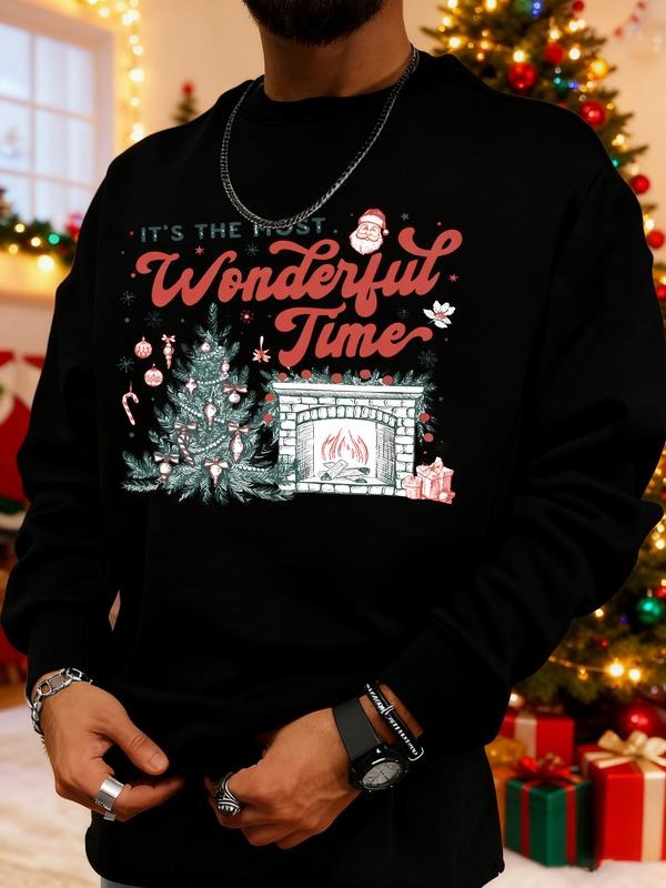 Men's Christmas Print Sweatshirt, Casual Round Neck Long Sleeve Top, Daily Wear, Weekend Outing, Friend Gathering, Travel...