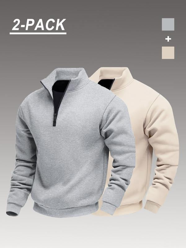 Men's Classic 2-Piece Solid Color Half-Zip Sportswear, Fitted Casual Hoodie Sweatshirt, Fall & Winter Fashion, Plain...