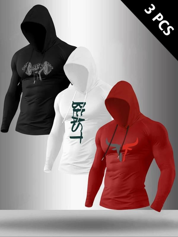 Men's Classic 3-Piece Set Letter Cow Print Hooded Long Sleeve T-Shirt, Casual Fitted Top for Fall & Winter Fitness Wear...
