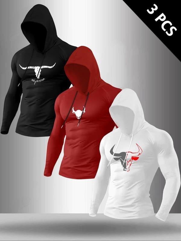 Men's Classic 3-Piece Set Letter Cow Print Hooded Long Sleeve T-Shirt, Casual Fitted Top for Fall & Winter Fitness Wear...
