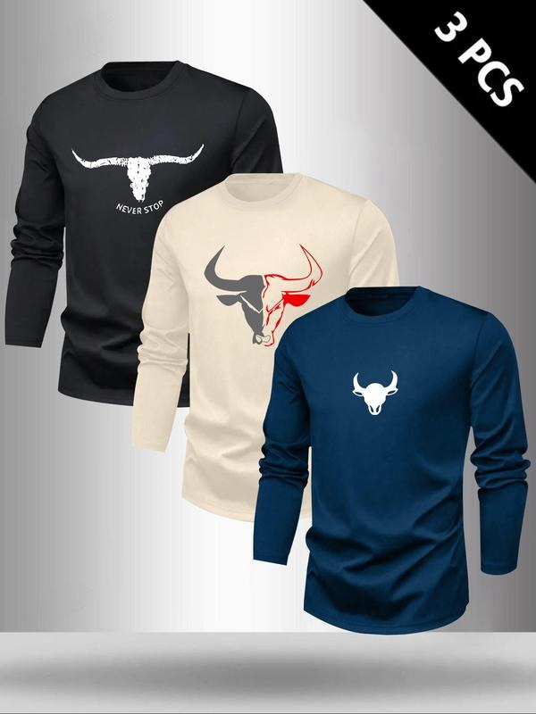 Men's Classic 3-Piece Set Letter Cow Print Long Sleeve T-Shirts, Casual Fitted Tops for Spring & Fall, Versatile Daily...