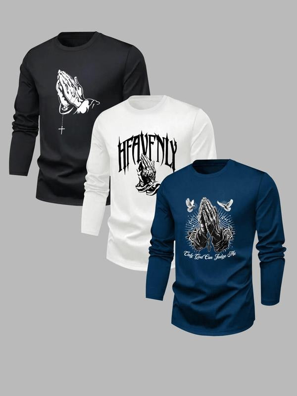 Men's Classic 3-Piece Set Letter Print Long Sleeve T-Shirts, Casual Fitted Tops for Spring & Fall, Comfortable Moderate...