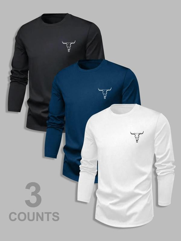 Men's Classic 3-Piece Set with Bull Pattern Print Long Sleeve T-Shirt, Casual Spring & Fall Layering Top, Fitted...