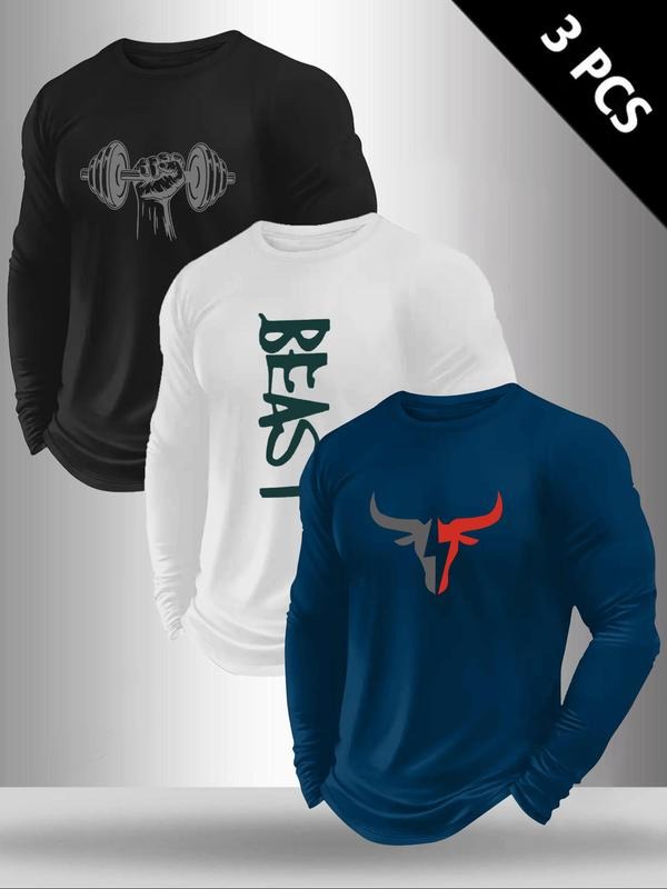 Men's Classic 3-Piece Set, Cow Head Letter Print Long Sleeve T-Shirts, Casual Fitted Tops for Spring & Fall, Versatile...