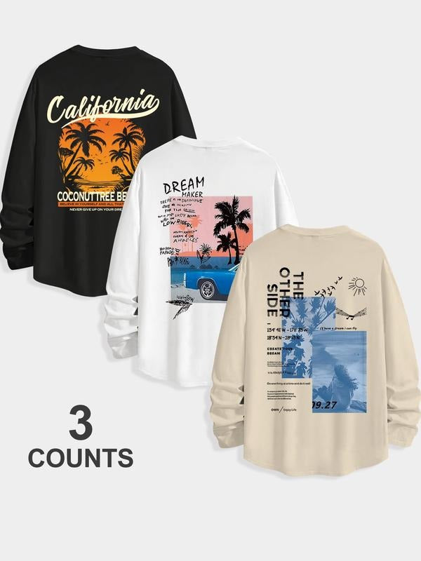 Men's Classic 3-Piece Set, Letter Coconut Tree Print Long Sleeve T-Shirts, Casual Fitted Tops for Spring & Fall Hoodie,...