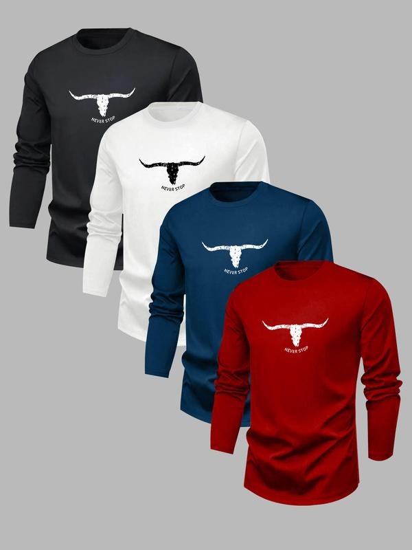 Men's Classic 4-Piece Set Letter Cow Print Casual Long Sleeve T-Shirts, Fitted Polyester Tops for Fall & Winter,...