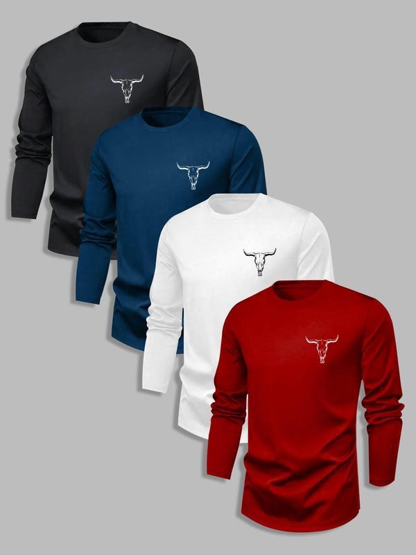 Men's Classic 4-Piece Set, Cow Print Casual Long Sleeve T-Shirts, Fitted Moderate Fabric, Spring & Fall Basic Tops style...