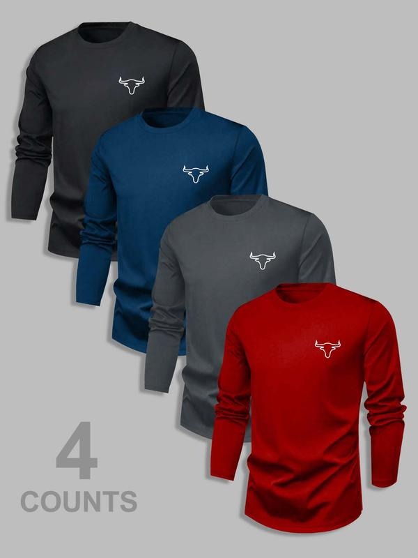 Men's Classic 4-Piece Set, Cow Print Casual Long Sleeve T-Shirts, Fitted Moderate Fabric, Spring & Fall Basic Tops...