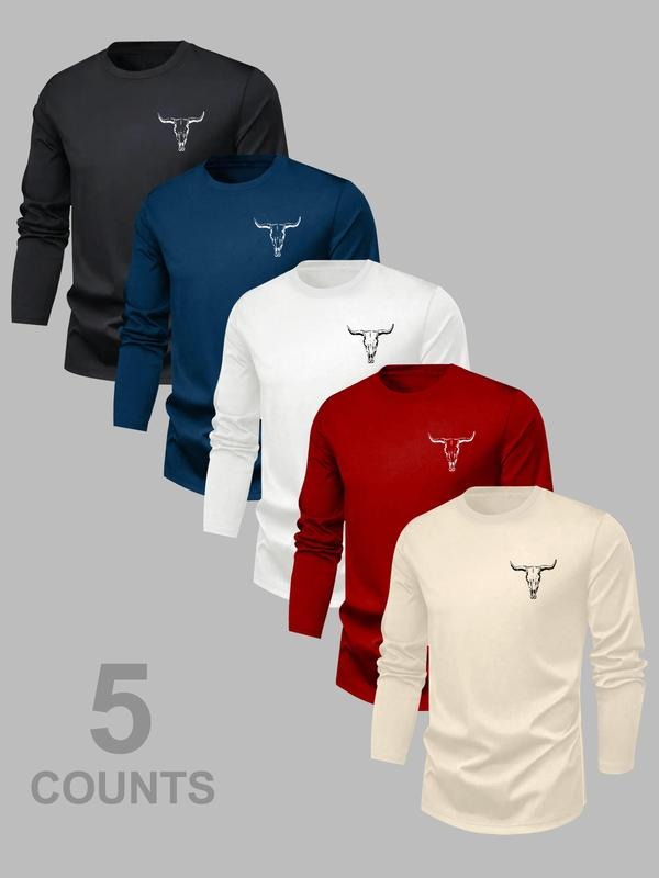 Men's Classic 5-Piece Set Bull Head Print Versatile Base Layer, Long Sleeve T-Shirt Casual Top, Fitted Plain Style,...