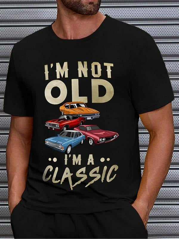 Men's Classic Car Print Round Neck Tee, Regular Fit Casual Short Sleeve T-shirt for Daily Wear, Men's Top for All...
