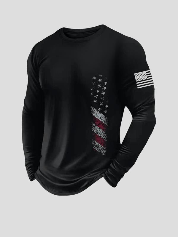 Men's Classic Flag Print Casual Long Sleeve T-Shirt, Fitted Basic Top for Spring & Fall, Versatile Bottom Layer...