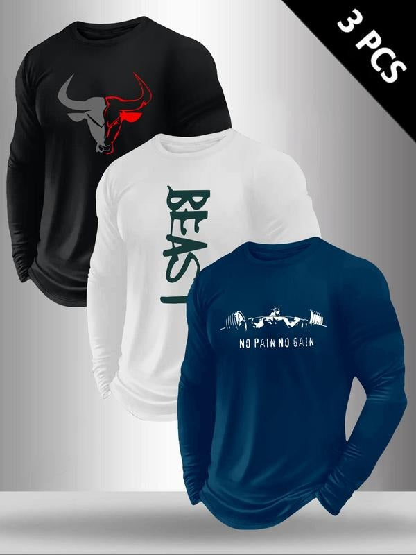 Men's Classic Versatile 3-Piece Set, Cow Head Letter Print Long Sleeve T-Shirt, Casual Fitted Top for Spring & Fall...