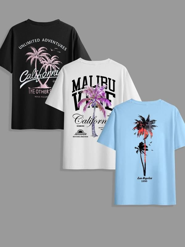 Men's Classic Versatile Letter Coconut Tree T-Shirt 3-Piece Set, Summer Round Neck Short Sleeve Casual Tops for Outdoor...