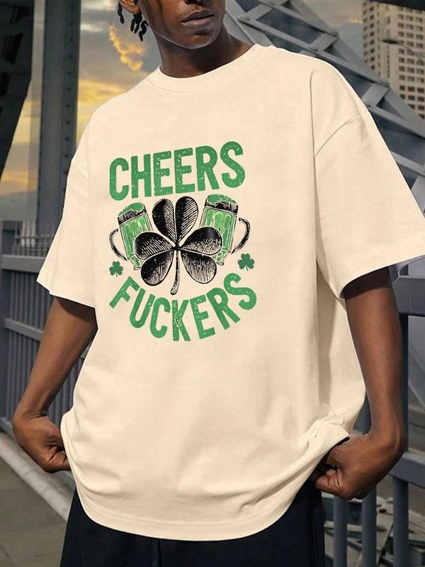 Men's Clover & Letter Print Round Neck Tee, Casual Graphic Short Sleeve T-shirt for Summer, Menswear for Daily Wear...