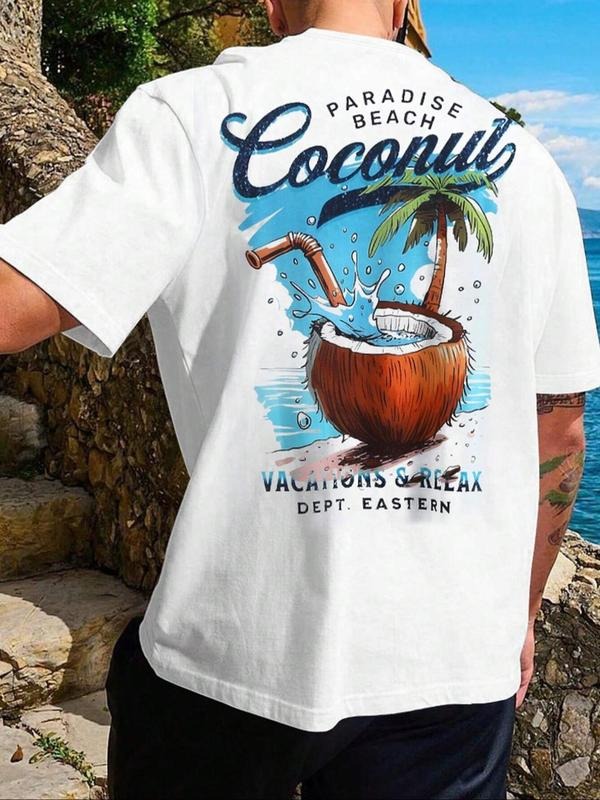 Men's Coconut Print Round Neck Tee, Regular Fit Casual Short Sleeve T-shirt for Summer, Men's Top for Daily Wear,...