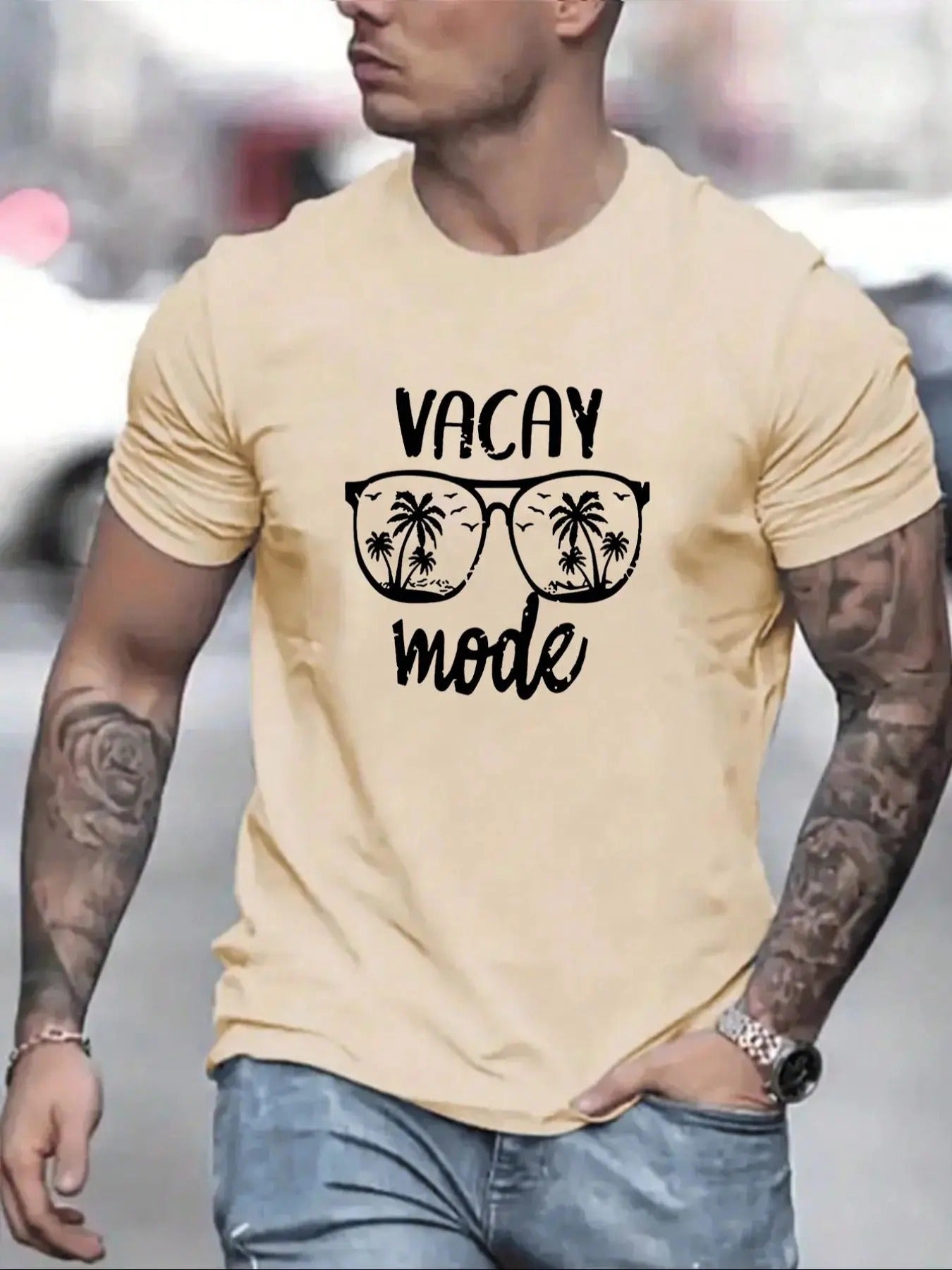 Men's Coconut Tree & Letter Print Round Neck Tee, Casual Short Sleeve T-shirt for Summer, Fashion Men's Top for Daily...
