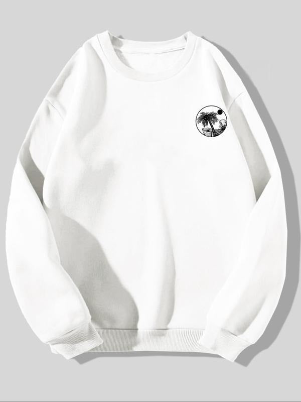 Men's Coconut Tree Print Drop Shoulder Sweatshirt, Regular Fit Casual Soft Comfy Long Sleeve Round Neck Pullover for...