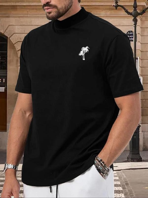 Men's Coconut Tree Print Mock Neck Tee, Regular Fit Casual Summer Clothes Short Sleeve T-Shirt for Summer, Men's Top for...