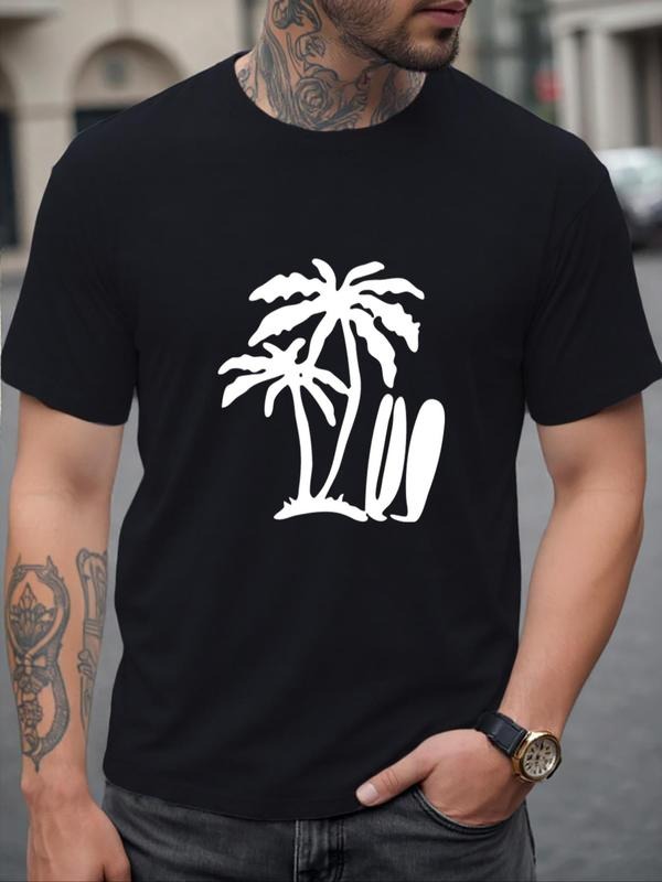 Men's Coconut Tree Print Round Neck Tee, Regular Fit Casual Short Sleeve T-shirt for All Seasons, Men's Top for Daily...
