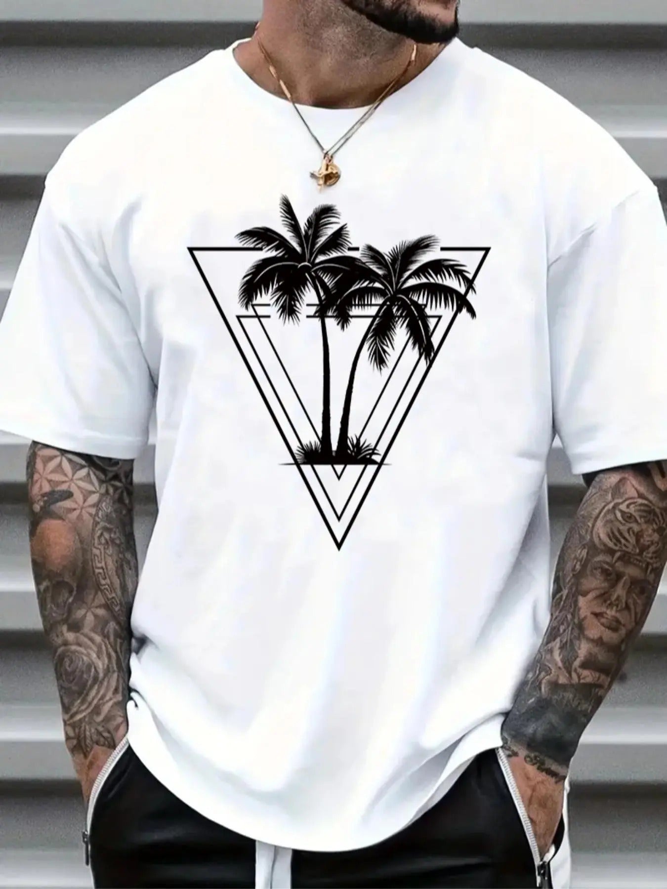 Men's Coconut Tree Print Round Neck Tee, Summer Clothes Regular Fit Graphic Short Sleeve T-Shirt for Men, Crew Neck...