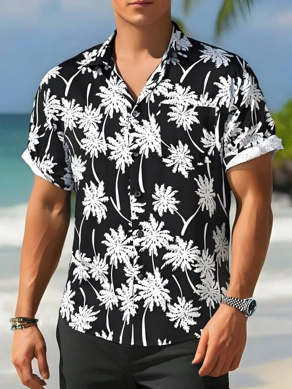 Men's Coconut Tree Print Short Sleeve Shirt, Loose Casual Comfy Top for Beach Vacation, Men's Clothes for Summer,...