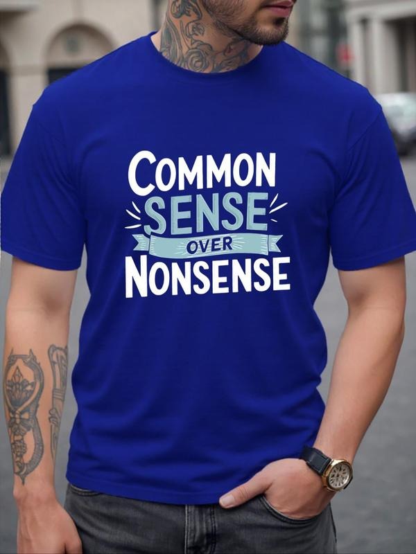 Men's Common Sense Over Nonsense Print Round Neck Tee, Regular Fit Casual Short Sleeve Crew Neck T-Shirt for Summer,...