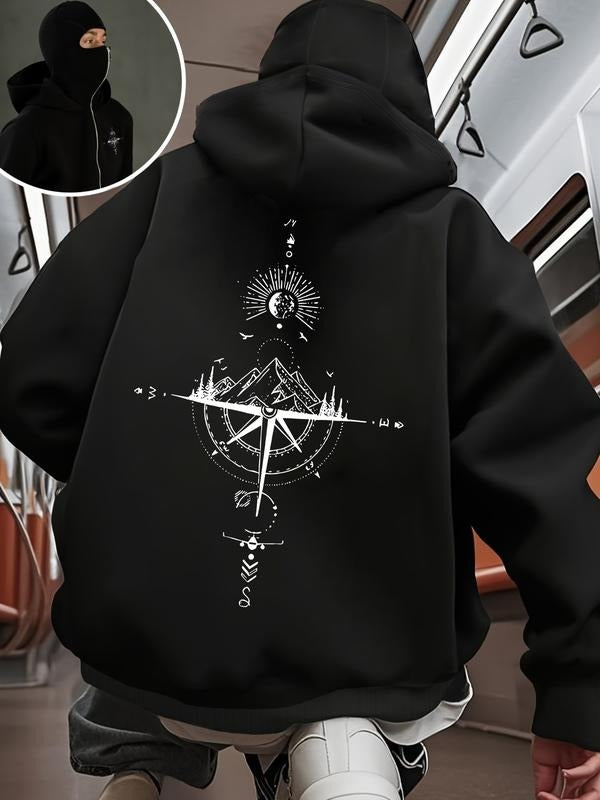 Men's Compass & Mountain Graphic Black Hoodie, Intricate Celestial Print Zip-Up Pullover, Edgy Streetwear Casual...