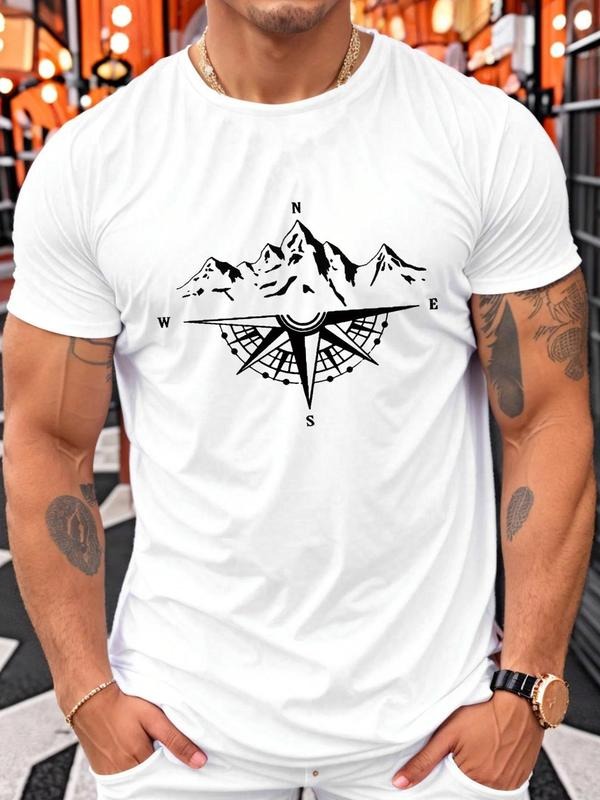 Men's Compass Print Round Neck Tee, Regular Fit Casual Short Sleeve Crew Neck T-Shirt for Summer, Fashion Men's Top for...