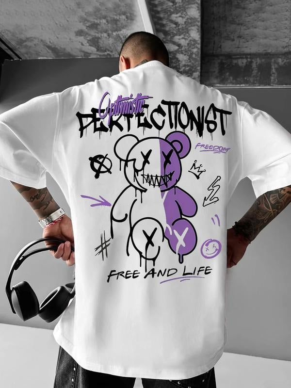 Men's Cool Graffiti Bear Print T-Shirt, Trendy Casual Daily Wear, Fashionable Graphic Tee for Summer, Fitted Style...