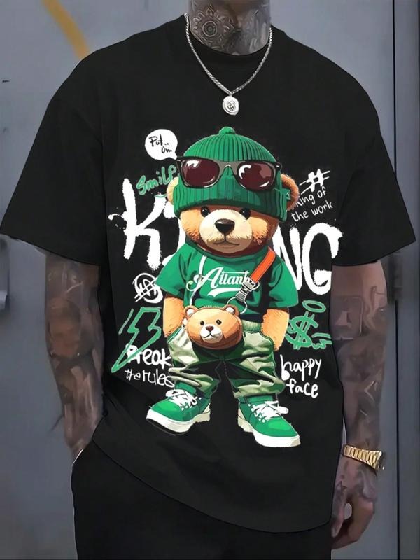 Men's Cool Street Style Bear Print Round Neck T-Shirt, Casual Short Sleeve Summer Top, Hip Hop Fashion Daily Comfort Wear...