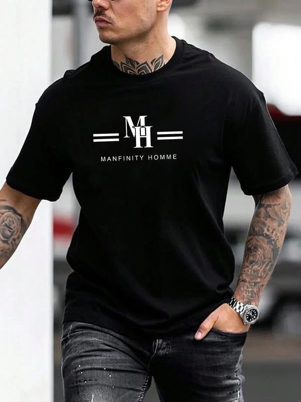 Men's Cotton Short Sleeve T-Shirt, Geometric Print, Casual Streetwear, Fitted Style, All Seasons, Manfinity Homme Text...