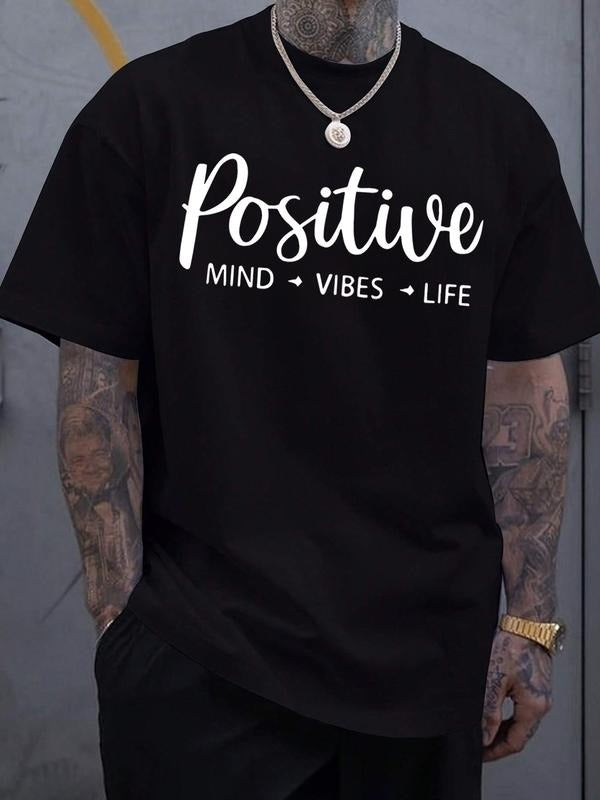 Men's Cotton Short Sleeve T-Shirt, Loose Fit Positive Mind Vibes Life Print, Casual Street Style, Artistic Font Design...