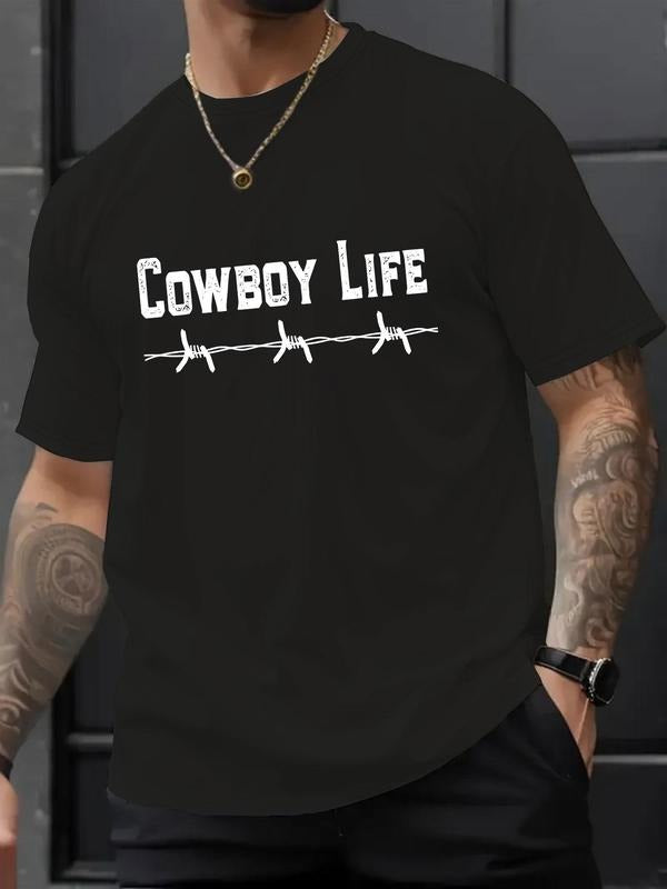 Men's Cowboy Life Letter Print Graphic Tee, Regular Fit Casual Short Sleeve Round Neck T-shirt for Summer, Men's Top for...