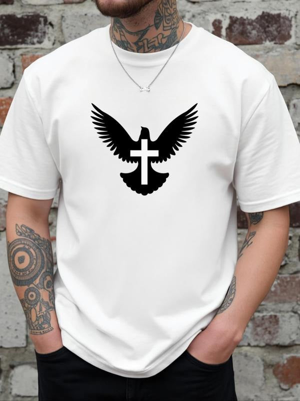 Men's Cross & Dove Print Round Neck Tee, Regular Fit Casual Short Sleeve Crew Neck T-Shirt for Daily Wear, Men's Top for...