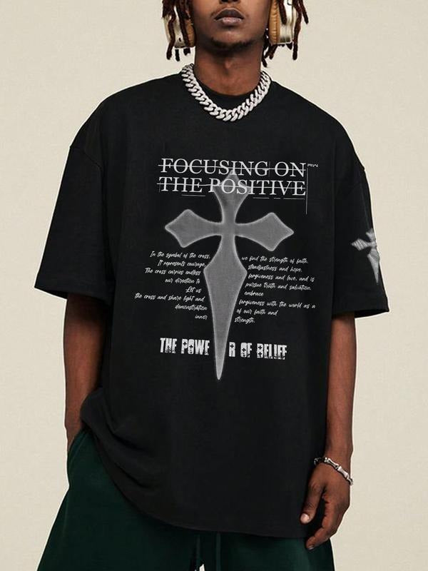Men's Cross & Ethnic Pattern Print Round Neck Tee, Regular Fit Casual Pop Art Print Short Sleeve T-shirt, Men's Summer...