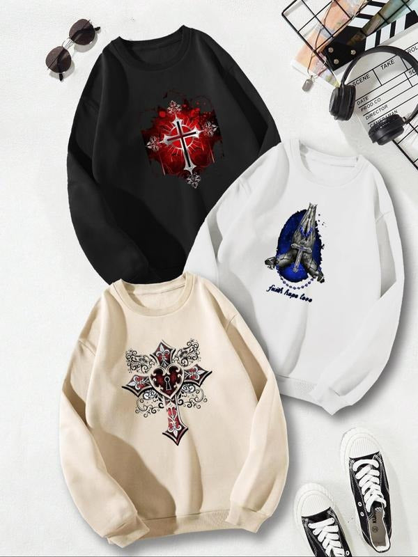 Men's Cross & Geometric Print Drop Shoulder Sweatshirt, Regular Fit Casual Fashion Soft Comfy Letter Print Crew Neck Long...